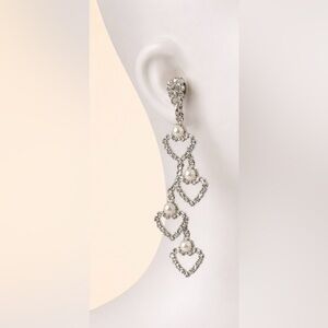 Glamorous Silver Rhinestone Pearl Heart Drop Clip-on Dangle Sparkle Party Fairy